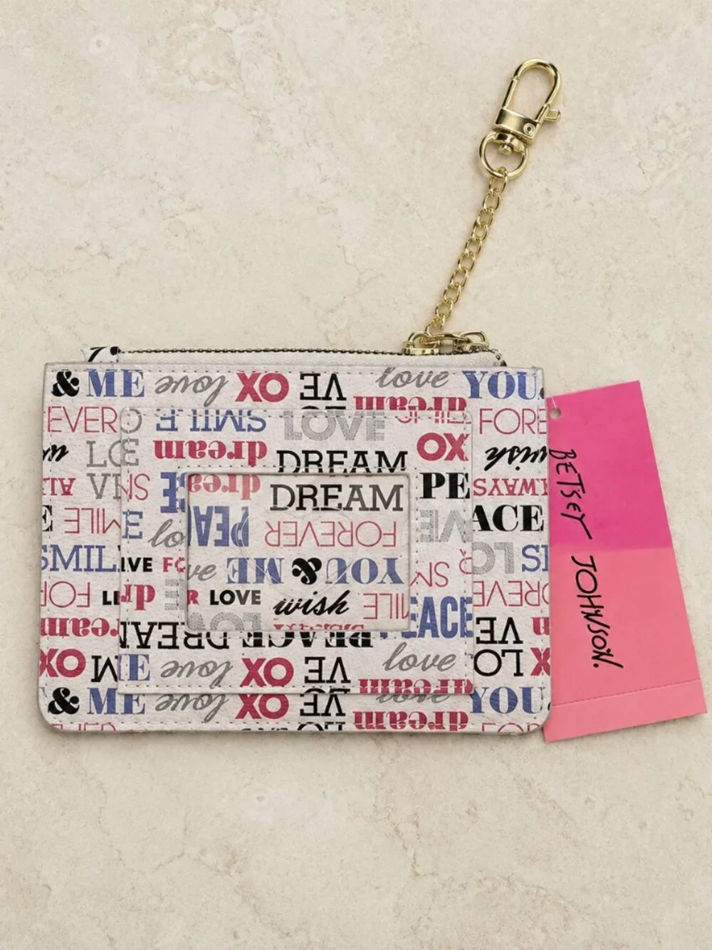 Betsey Johnson Multicolor Word Print Zip Card Holder Keychain Wallet NWT